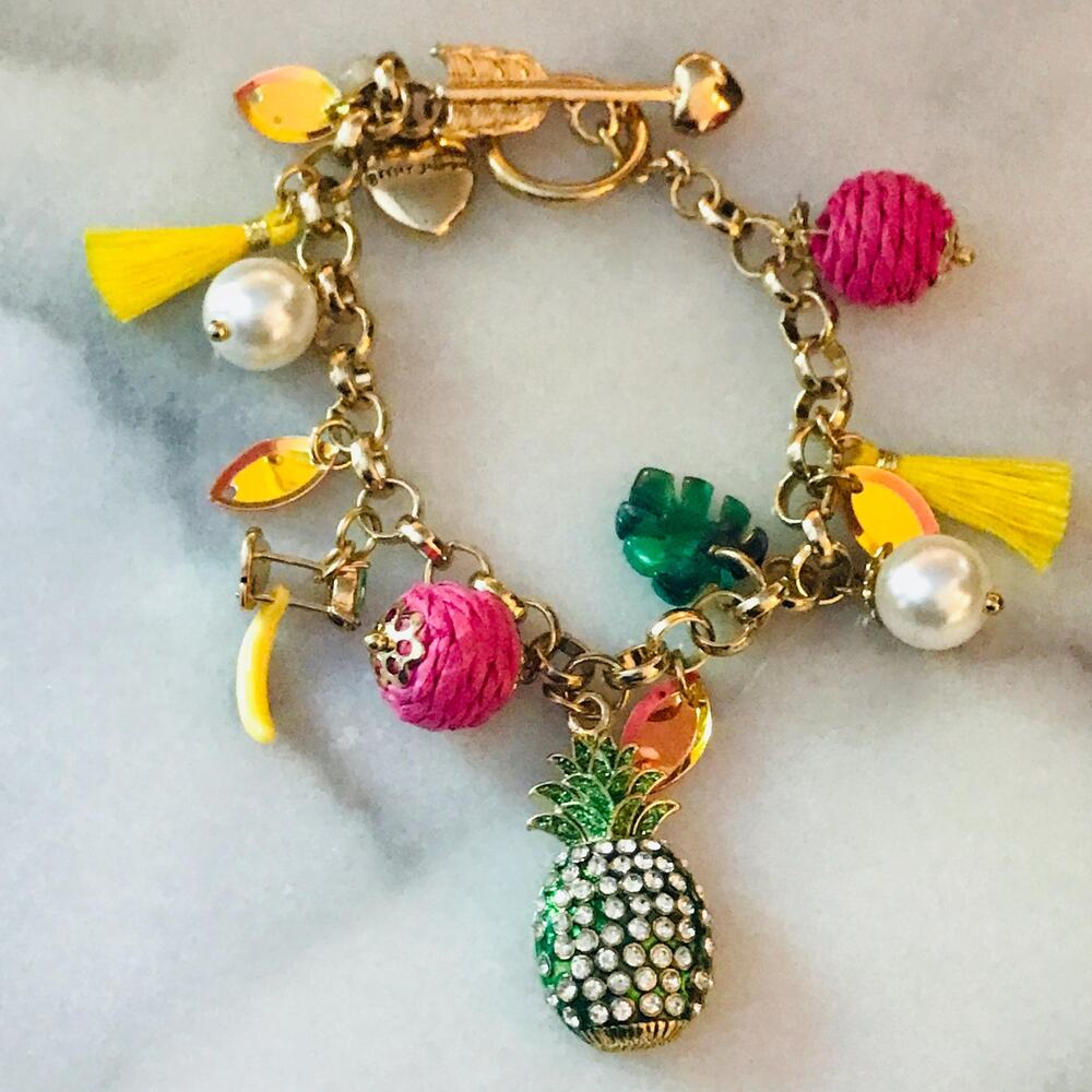 Betsey Johnson Tropical Charm Bracelet-Pineapple Tassel -Gold Tone